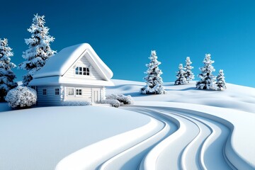 Fototapeta premium Enchanting winter wonderland with snow-covered trees and a cozy cabin, black and white, line art, snowy, serene, holiday, frosty ::1.2 sledding, ice skates, snowflakes, hot cocoa, twinkling