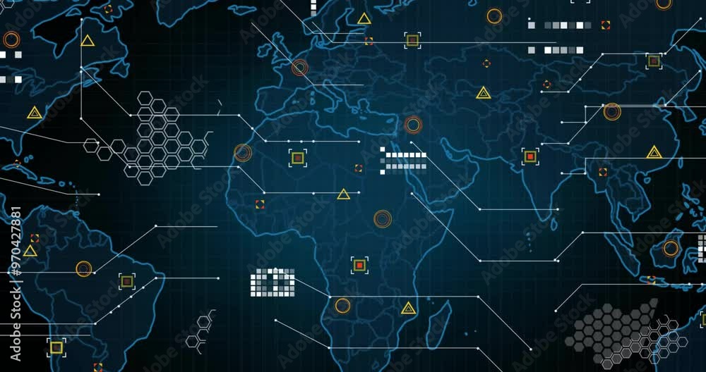 Poster animation of world map and network of connections on black background