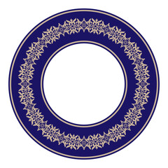 Vector blue and gold round Kazakh national ornament. Ethnic pattern of the peoples of the Great Steppe, Kazakh, Mongols, Kyrgyz, Kalmyks, Buryats. Circle, frame border. For sandblaster