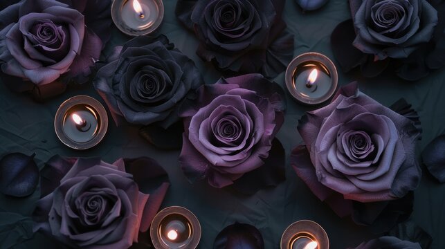 Dead Roses in different Colors with Lit Candles with AI generated Image Background