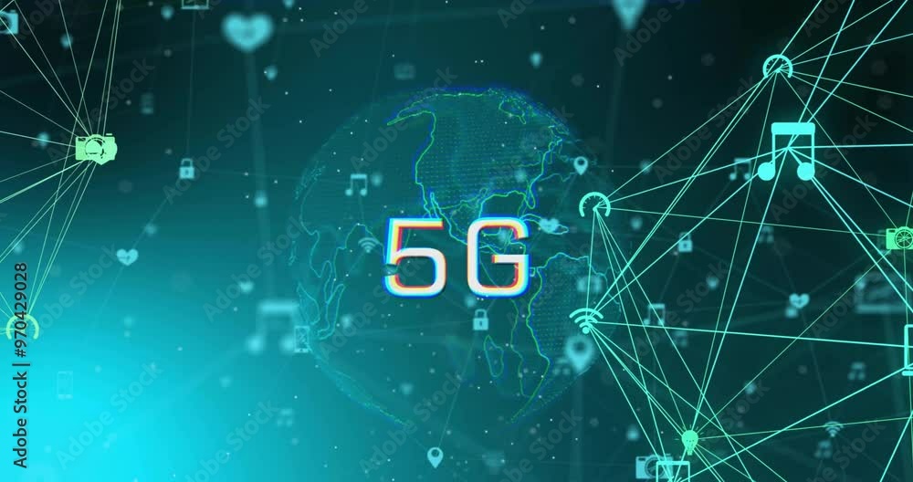 Poster animation of globe with 5g and network of connections with icons on black background