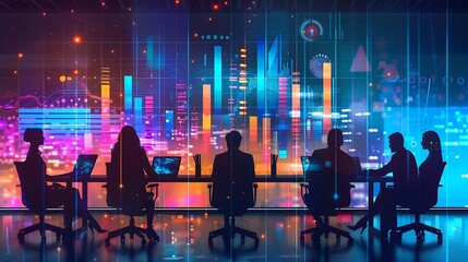 Colorful illustration of a business meeting in a modern office, capturing a dynamic business theme with a portrait shot