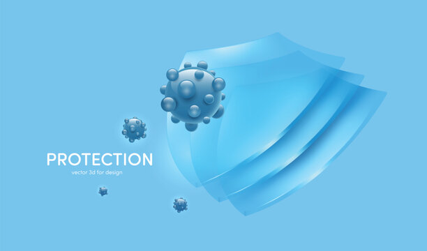 Triple glass shield protects against viruses or germs and dirt, 3D vector on blue background for advertising design for disinfectant or prophylactic medicine, glass shield for design