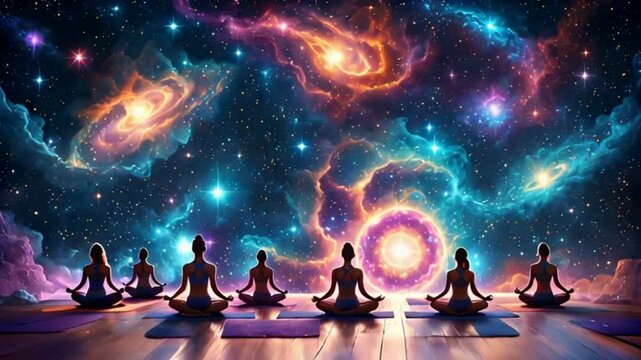 Cosmic yoga class, deep space, colorful astral bodies, mystical fitness illustration, zen, galaxy glows, human forms.