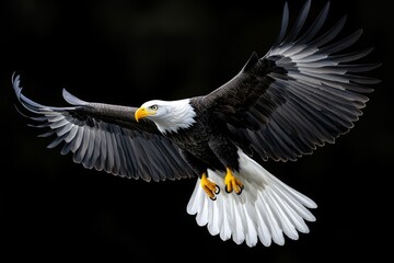 Obraz premium Majestic black and white eagle soaring in the sky, line art, empty coloring book page, realistic, high-quality, wildlife, freedom::1 impressive wingspan, piercing eyes, majestic flight, untamed