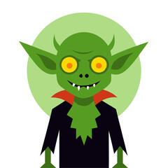 Mischievous Green Goblin Grin: A cartoon goblin with glowing yellow eyes, a mischievous grin, and pointy ears stands against a green backdrop. This spooky character is perfect for Halloween designs. 