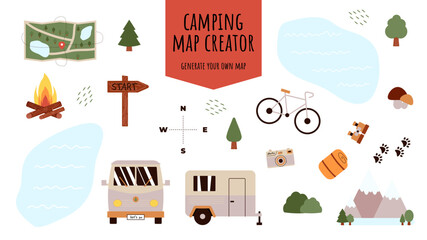 Camping and Hiking elements set for constructing childrens camp. Mountains, lakes, car, trees and other objects for summer trip. Vector flat illustration on transparent background