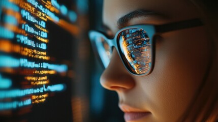 Software, a holographic coding system, and a lady working in information technology, data analytics, and GDR overlay. Programmer or information technology worker with spectacles reading computer scrip