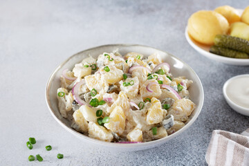 Potato salad with pickled cucumbers and onions on gray background. Copy space. German, American cuisine.