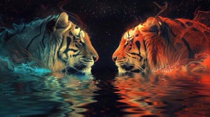 Two tigers facing each other in a vibrant, surreal setting with colorful reflections in water.
