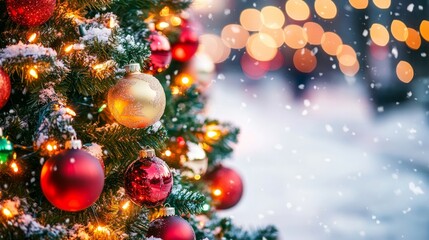 Decorated Christmas tree with ornaments and glowing lights on a snowy street, with festive blur bokeh in the background. Snow is gently falling at twilight.