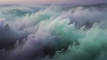 Fototapeta premium Abstract background of fog swirling in the air, blending with soft pastel colors like lavender, mint green, and sky blue
