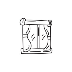 Simple line drawing of a window with curtains and decorative trim. Illustration of home, interior, design and architecture.