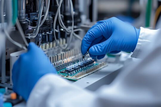 A technician in blue gloves works on a circuit board, highlighting the intricate details of electronic assembly and repair.