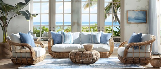 Modern coastal interior with natural textures and ocean hues.