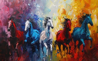 A vibrant painting of five horses in dynamic poses, showcasing movement and energy through bold colors and brushstrokes.