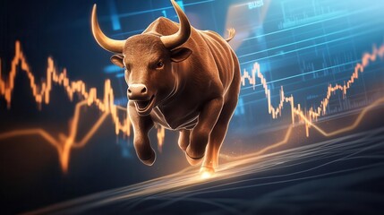 Bull running through fluctuating stock lines, digital illustration, bullish, market volatility.