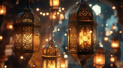 Close up of ornate gold lanterns glowing with warm light.