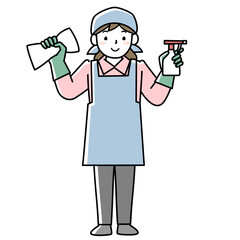 清掃道具を持つエプロンを着けた女性
