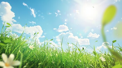 Obraz premium A breathtaking sunny day with bright blue sky and green grass. Vibrant natural scene, perfect for nature and outdoor themes.