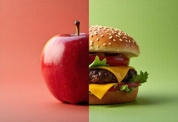 Food choice between unhealthy and healthy, Cheeseburgers and red apples on red and green background