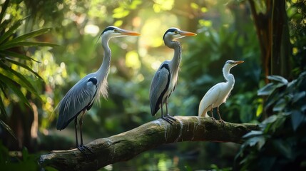 Fototapeta premium Three herons perched on a branch in a lush green forest setting.