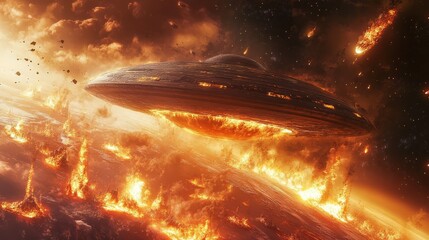 A futuristic spaceship navigates through a fiery cosmic landscape, creating a dramatic and intense science fiction scene.