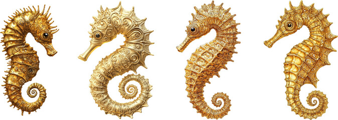 Seahorse, golden color with intricate details on a white background