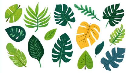 Obraz premium Vibrant green leaves on a clean white backdrop, showcasing modern flat design with charming cartoonstyle textures.