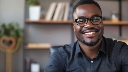 Fototapeta premium Cheerful man at home office, smiling, business theme with a plain office background