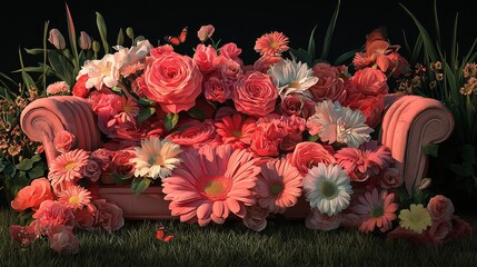 A vibrant arrangement of pink and white flowers blooming on a vintage sofa, creating a lush and romantic garden scene.