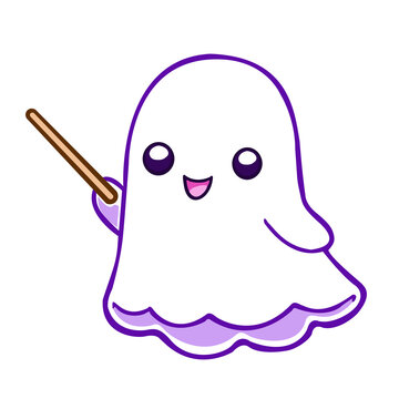 Cute cartoon ghost character with wand, kawaii halloween illustration