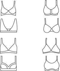 Types of women's bra isolated on white background. Set of brassieres - push up, sport, full cup, balconette, plunge, bralette, corset, triangle, t-shirt, strapless. Vector illustration.