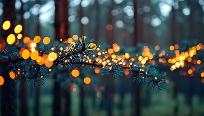 Enchanting Pine Forest Adorned with Twinkling Lights, Creating a Warm Bokeh Atmosphere for a Festive Evening Celebration