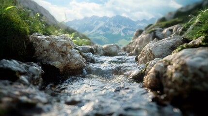 Close-up view of a mountain stream flowing over rocks with a view of mountains in the distance.
