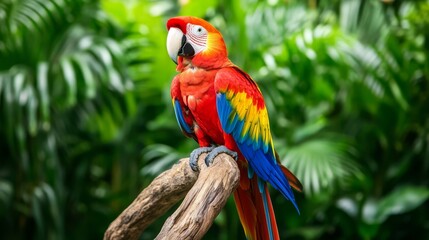 Obraz premium A vibrant scarlet macaw perched on a branch against a lush green tropical background, showcasing its colorful feathers.
