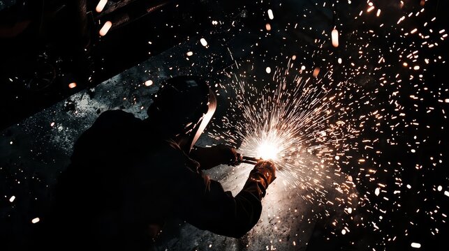 A welder in protective gear working with sparks flying around in a dark industrial setting, highlighting the intensity and skill of metalwork.