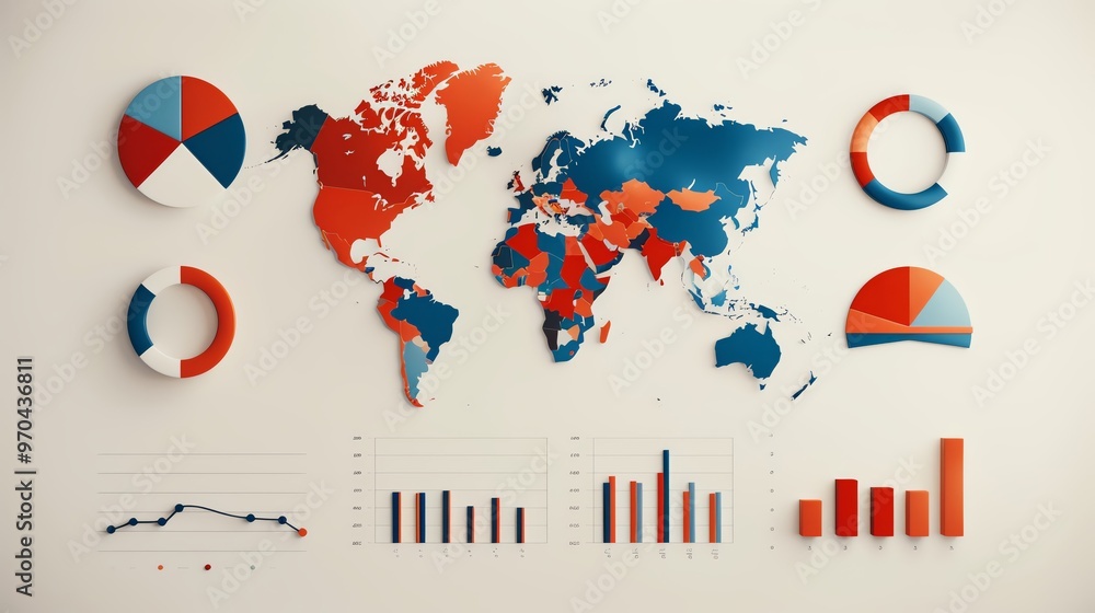 Poster colorful data visualization featuring a world map, pie charts, and bar graphs for business analysis 