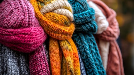 Colorful knitted scarves hanging together.