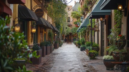 A charming alleyway lined with plants and lanterns, creating a serene atmosphere for leisurely strolls.