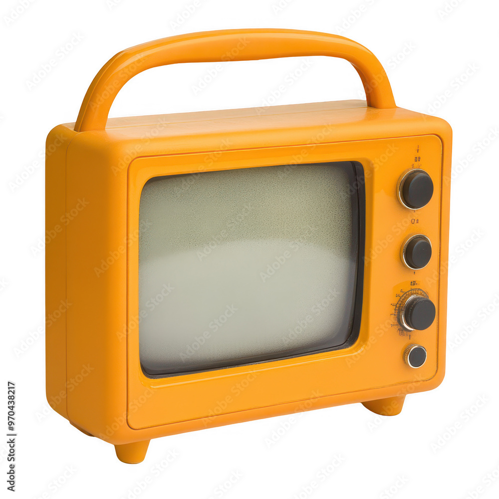 Poster a retro-style orange television set with a handle and knobs for tuning.