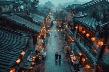 A city street at night with many lanterns and signs