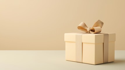 Gift box wrapped in brown paper with ribbon on beige background