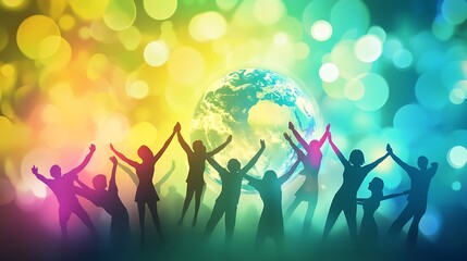 Silhouettes of People Raising Hands in Front of a Globe with a Bokeh Background