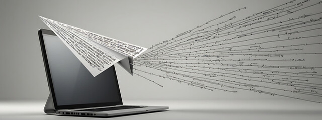 Obraz premium A simple design of a paper airplane flying out of a computer monitor, trailing a digital binary code behind it. The design emphasizes communication and connectivity, with a plain background 