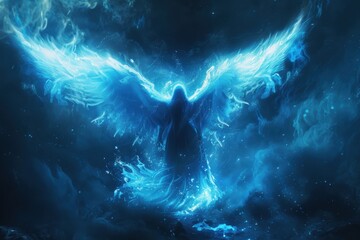 A blue bird with wings spread out in the sky