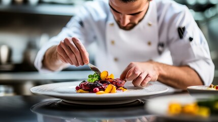 Chef carefully plating an elegant dish in a professional kitchen, showcasing culinary creativity and attention to detail.
