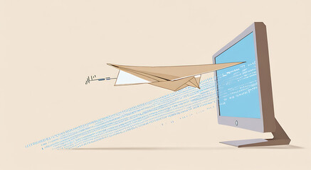 A simple design of a paper airplane flying out of a computer monitor, trailing a digital binary code behind it. The design emphasizes communication and connectivity, with a plain background 