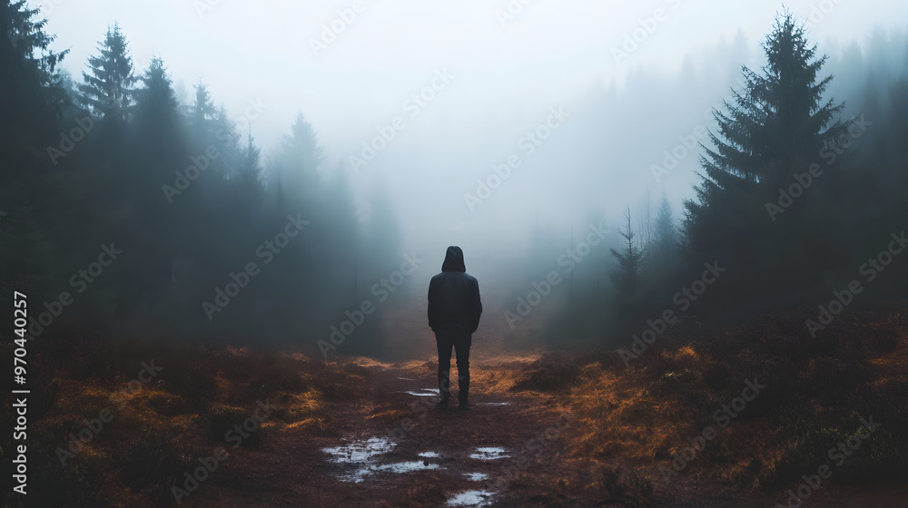 Poster a lonely figure stands in misty, empty forest, surrounded by tall trees and mysterious atmosphere. f