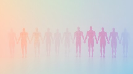 Fototapeta premium A Row of Transparent Human Figures Holding Hands in a Gradient Background